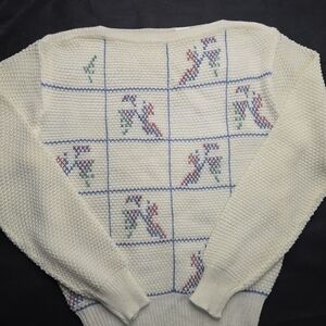 Vntg Present Co Cross Stitch Sweater Cream Grid Knit Novelty Grandma Cottage L